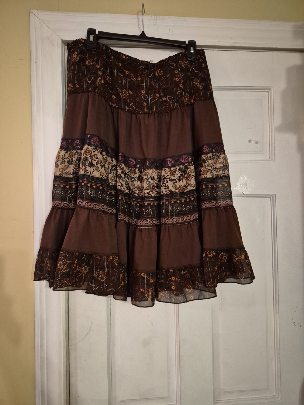 Sweet Lily Elastic Waist Floral Brown Tiered Midi Skirt - Size L - Picture 2 of 12